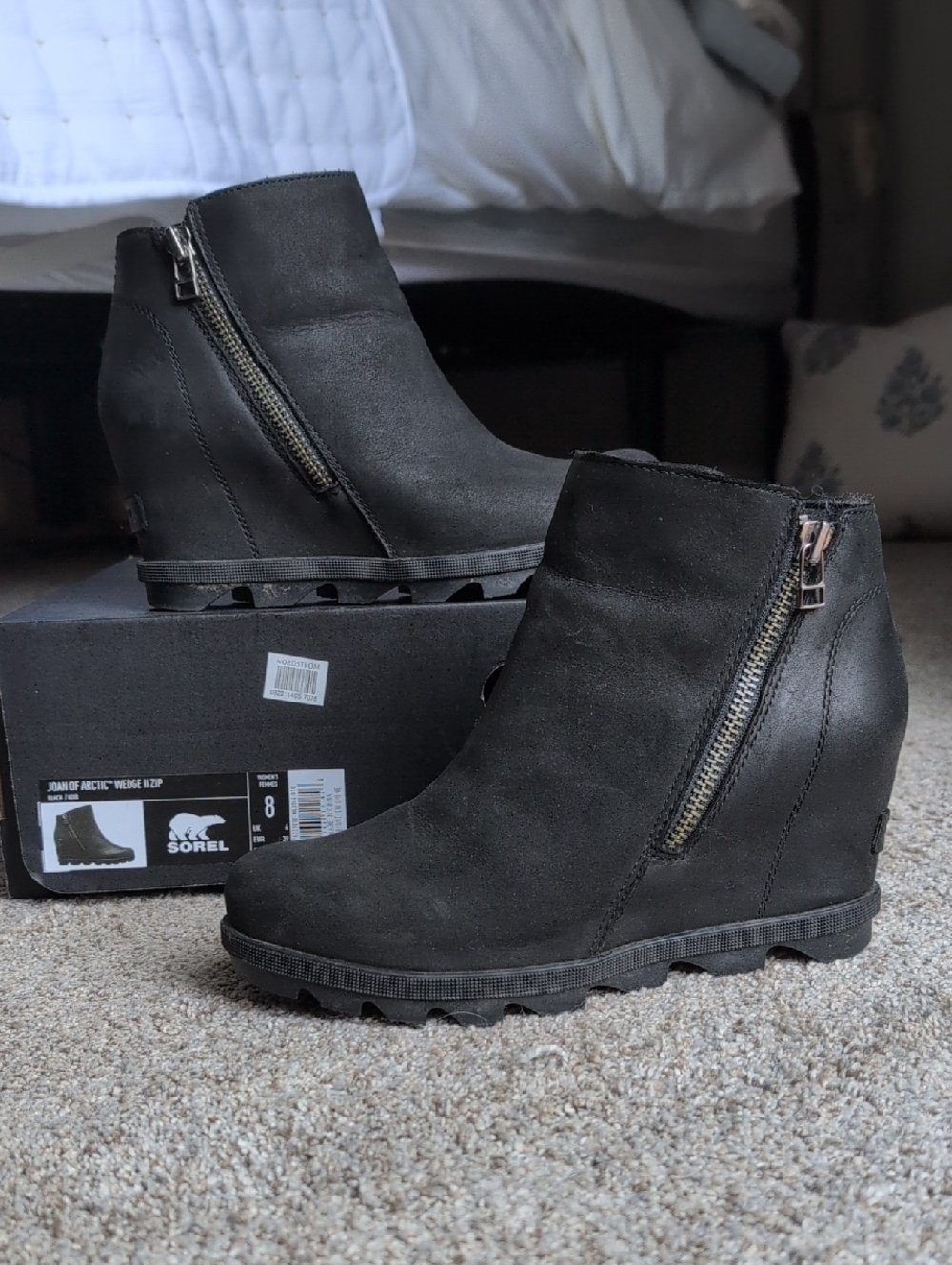 Sorel  Joan Of Arc Wedge II Black Wedge Ankle Boot with Side Zip